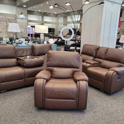Brown Leather Oversized Recliner Set, Sofa Loveseat Chair , Livingroom Sleeper Storage Couch Reclining 🎯Furniture Couch 