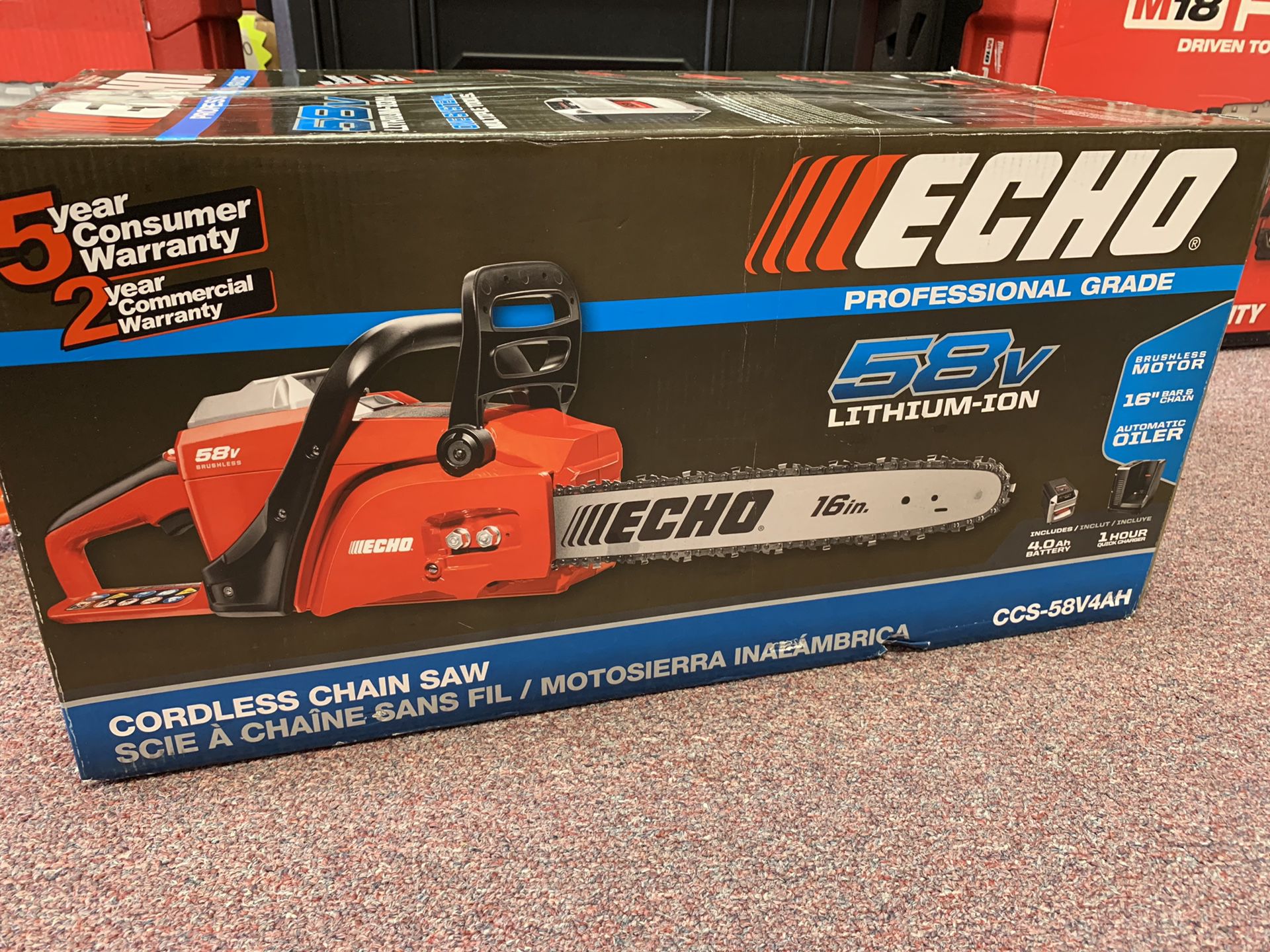 New Echo 58v Battery Chainsaw 16in Kit. CCS58V4AH