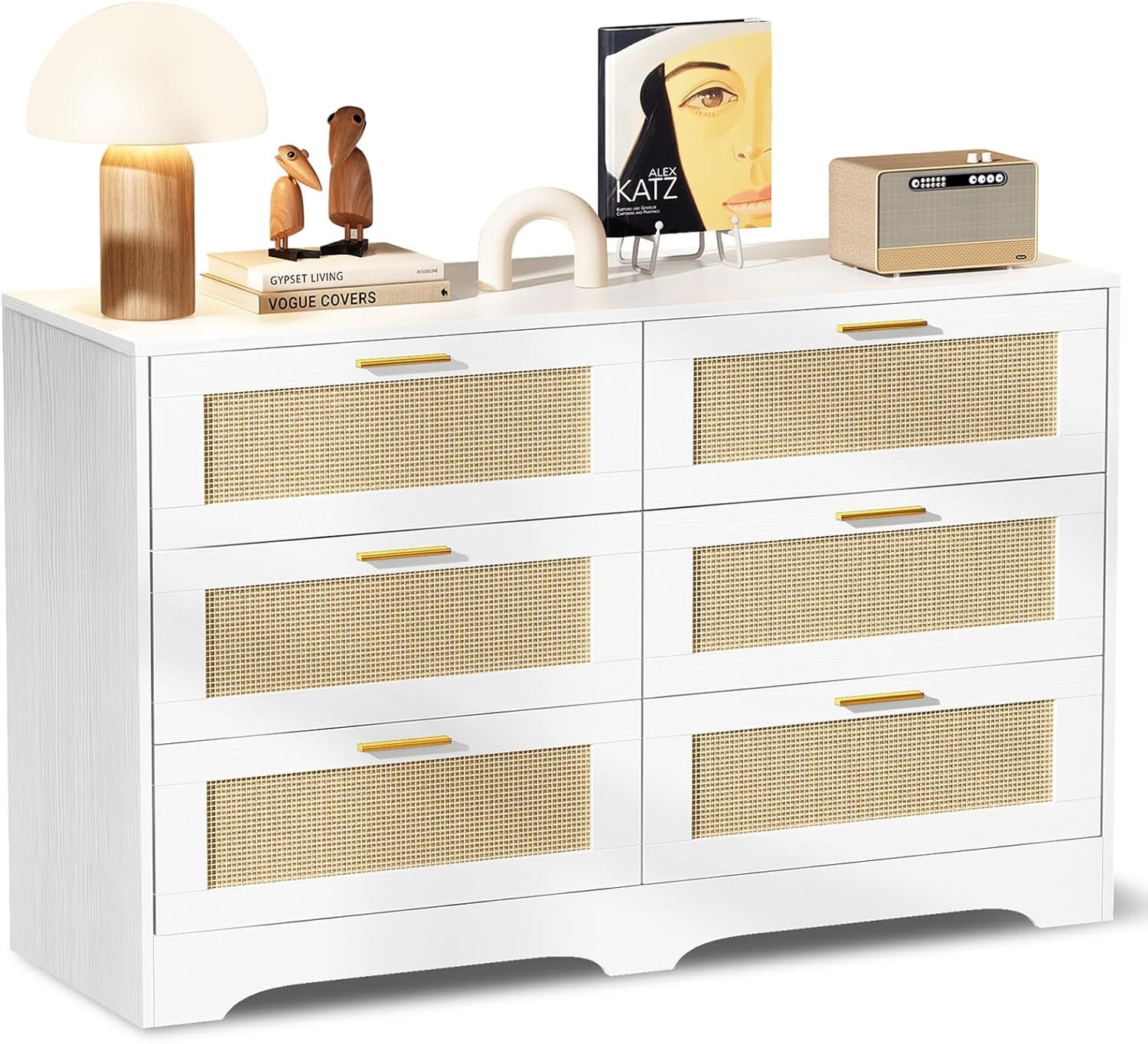 Redlife White Rattan Dresser for Bedroom, 6 Drawer Dresser with Golden Handles, Wood Storage Chest