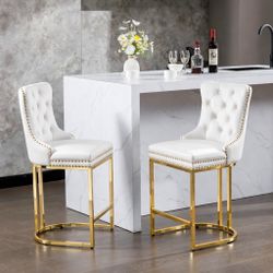 White & Gold Counter Height Bar Stools Set of 2 – Tufted Upholstered Chairs