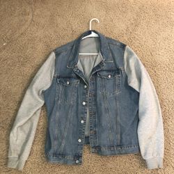 Jean Jacket W Grey Hoodie Sleeves Size L