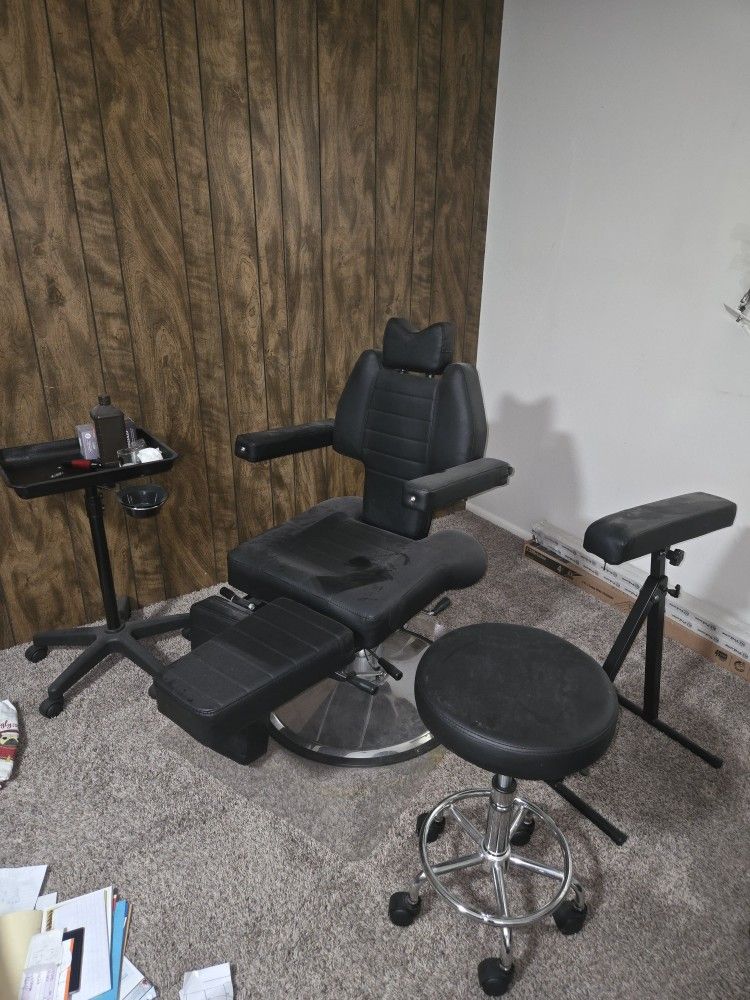 Tattoo InkBed, Forearm Rest, Rolling Table, tattoo gun and pen (Corded), Rolling Stool, And Accessories Labeled Expired