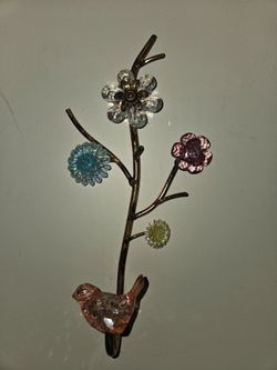 Decorative Metal Branch Wall Hook Acrylic Flowers Pink Bird Antique Gold