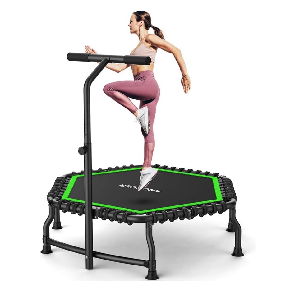 Brandnew Rebounder Trampoline for Adult with Safety Bar, Indoor Outdoor Mini Trampoline, 550LBS Fitness Trampoline with Bungees, Jumping Cardio Equipm