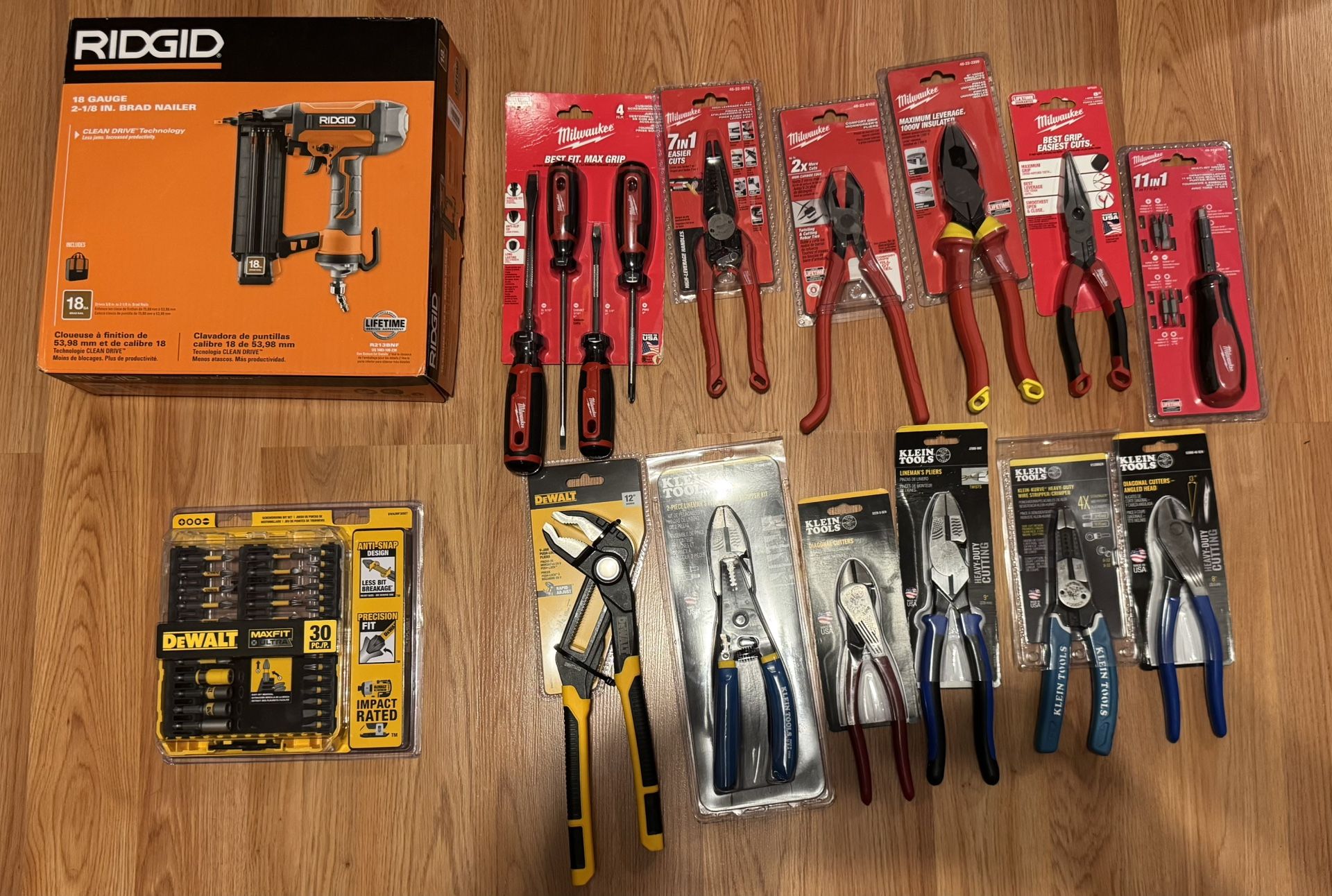Dewalt Milwaukee, Klein, and rigid tools