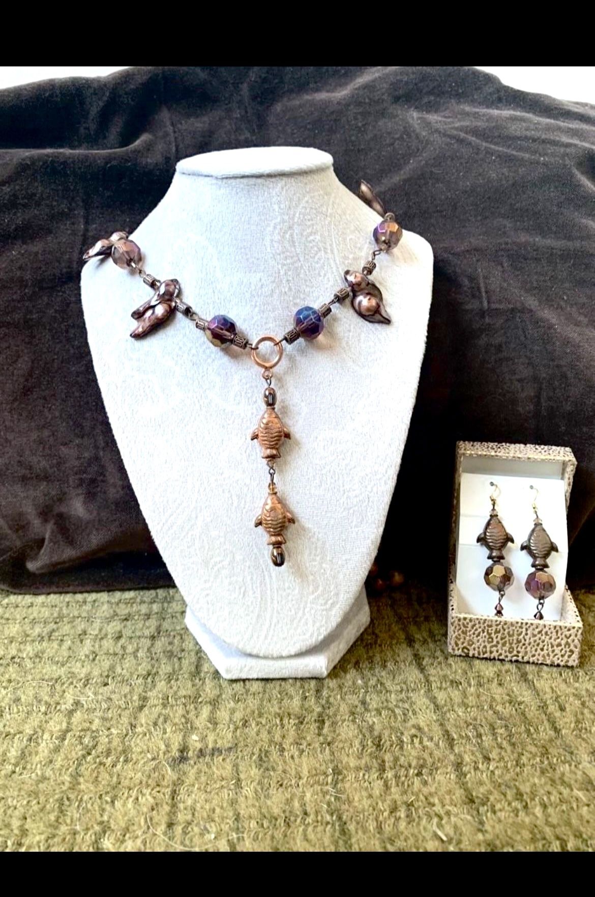 Copper Infused Fish Charmed Beaded Necklace & Earrings-Set