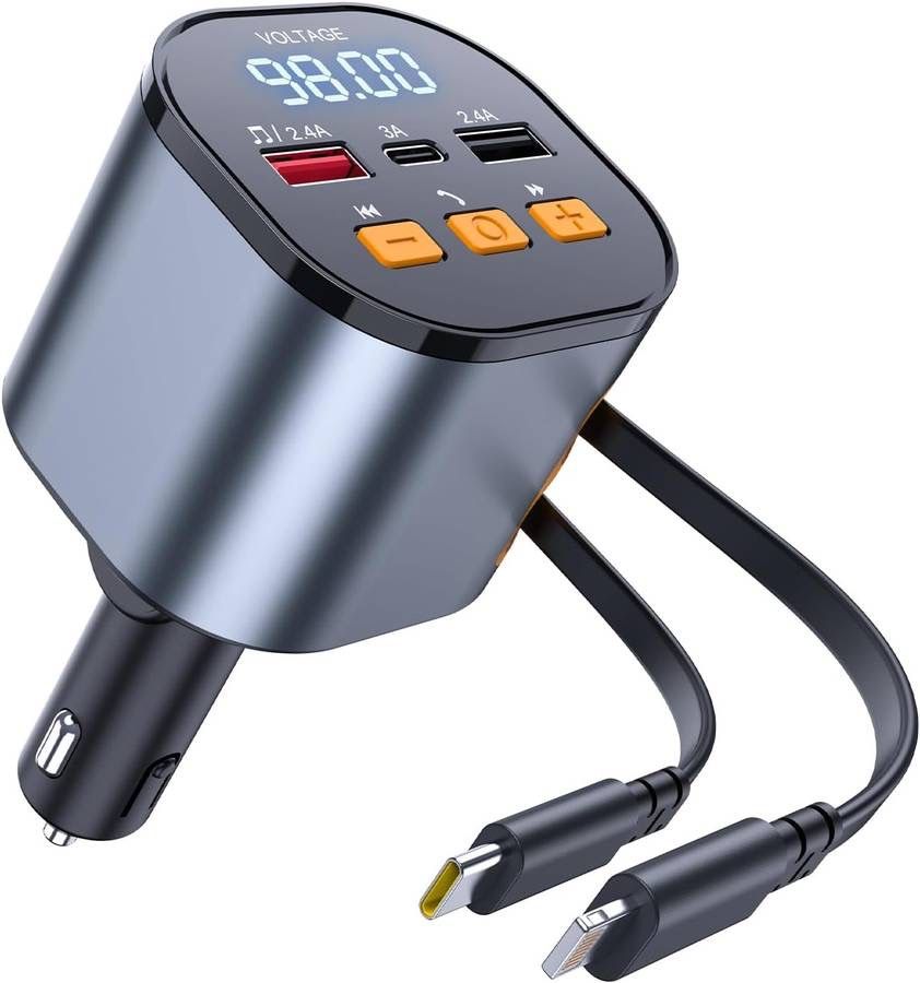 new Retractable 81W PD Car Charger with Bluetooth 5.3, FM Transmitter, Hands-Free Calling, MP3 Player, USB & LED Display – USB-C Bluetooth Adapter for