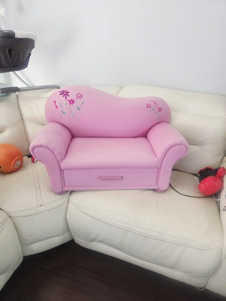 Couch Small Cute Cartoon Print Double Sofa Chair With Pull Out Drawer. Pink