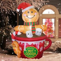 6 FT Christmas Inflatables Outdoor Decorations, Cute Christmas Yard Decorations Gingerbread Man in Hot Cocoa Mug Scene for Garden Lawn Xmas De