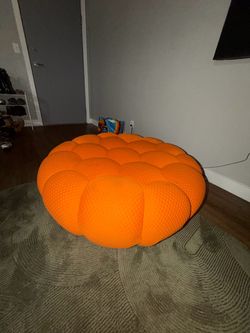 Orange Bubble Tufted Round Ottoman