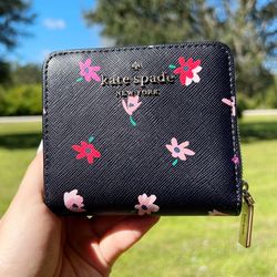 Kate Spade Disty Buds Floral Printed Small Zip Around Wallet Black Multi