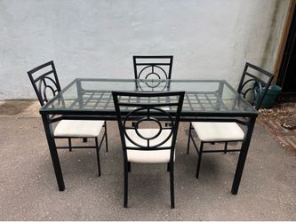 Modern Glass Dining Table Set – 4 Chairs – Black Metal Frame