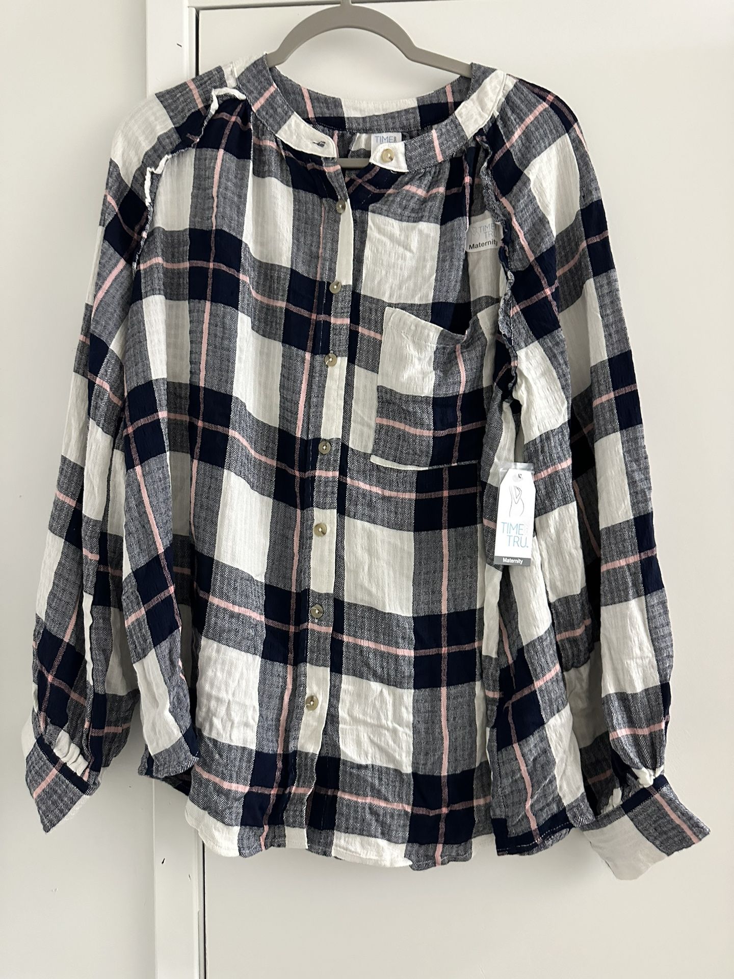 NWT Time and True Maternity Sz L 12-14 Navy Pink Plaid Soft Button Up Shirt