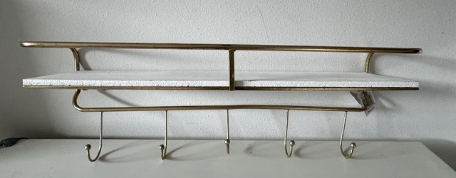 White & Brass Wall Shelf with Hooks – Weathered Finish