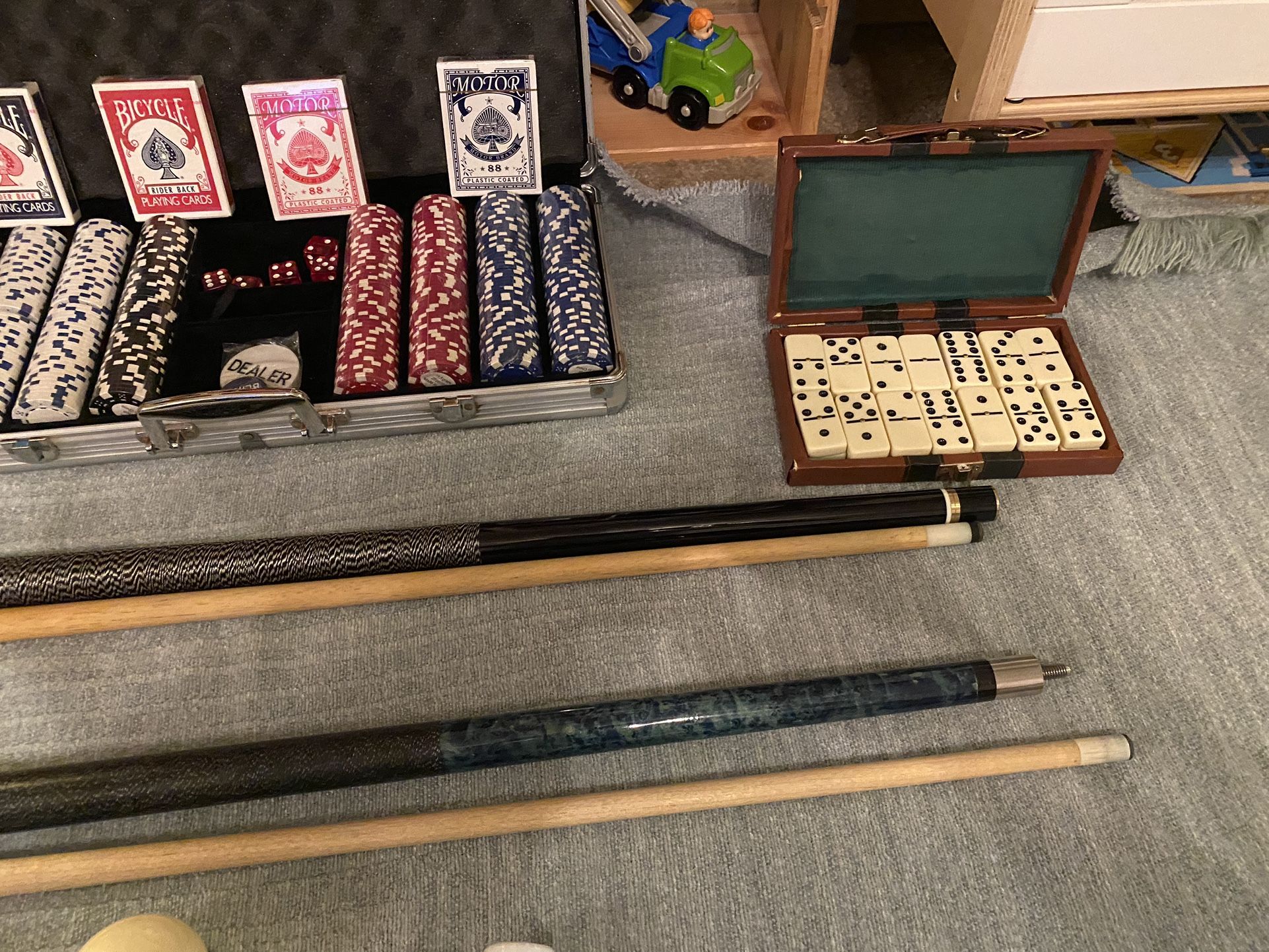 Pool Cue, Casino Poker Amd Chips And Domino Re