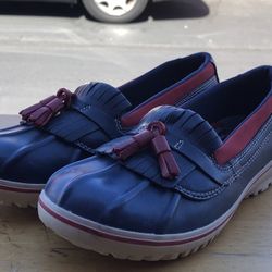 LL Bean Womens Rubber Blue Red Reconditioned Leather Duck Moc Boots Size 8.5