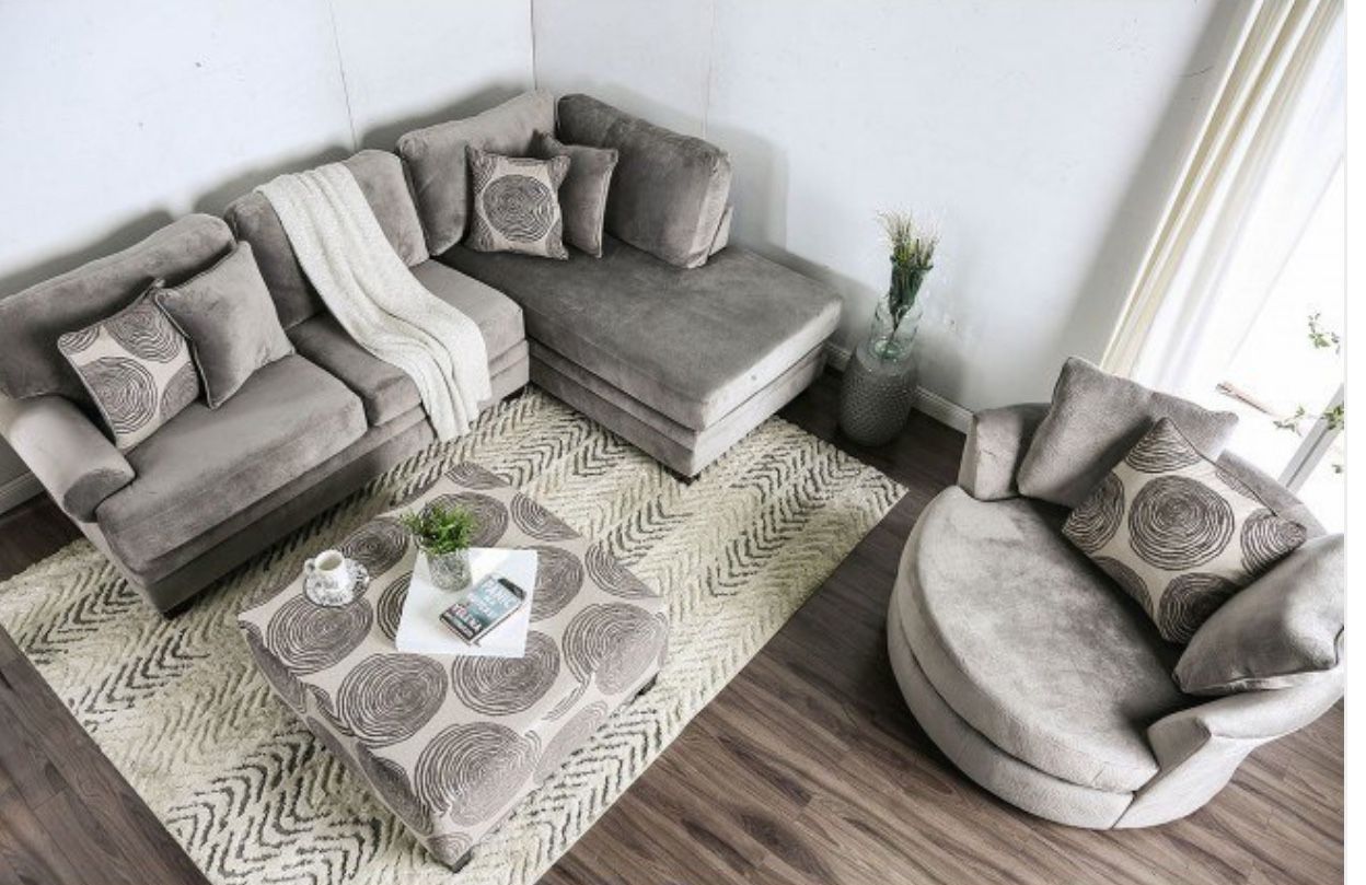 Grey 3-Piece Sectional + Swivel Accent Chair