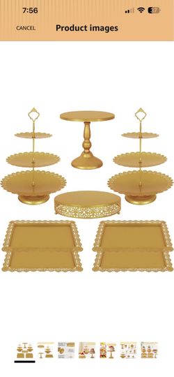 8 Pcs Cake Stand Gold Metal Dessert Table Display Set, 3-Tier Cupcake Stand, Cake Display Tower and Cookie Tray Rack Serving Tray for Birthday Party, 