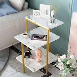 Marble Side Table , 3-Tier Small End Table with Metal Frame, Bedside Corner Table for Living Room & Bedroom
