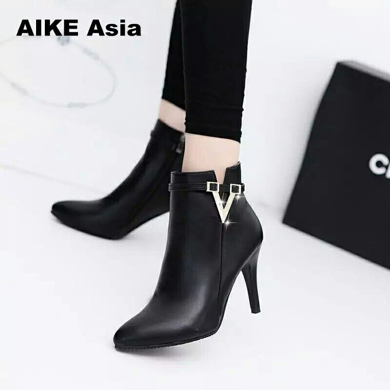 Spring Autumn Stiletto Thin High Heels Pointed Toe Faux Leather Zipper Style Sexy Ankle Womens Boots Bota Feminina