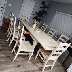 EXTRA LONG/SOLID WOOD DINING TABLE WITH DRAWER AND 8 CHAIRS