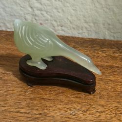 Miniature Chinese Light Green Jade Stone Goose Figurine with Wood Lacquered Stand