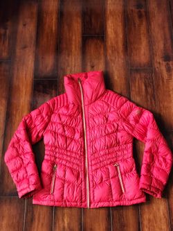 Michael Michael Kors Red Packable Down Puffer Jacket L Leopard Lining