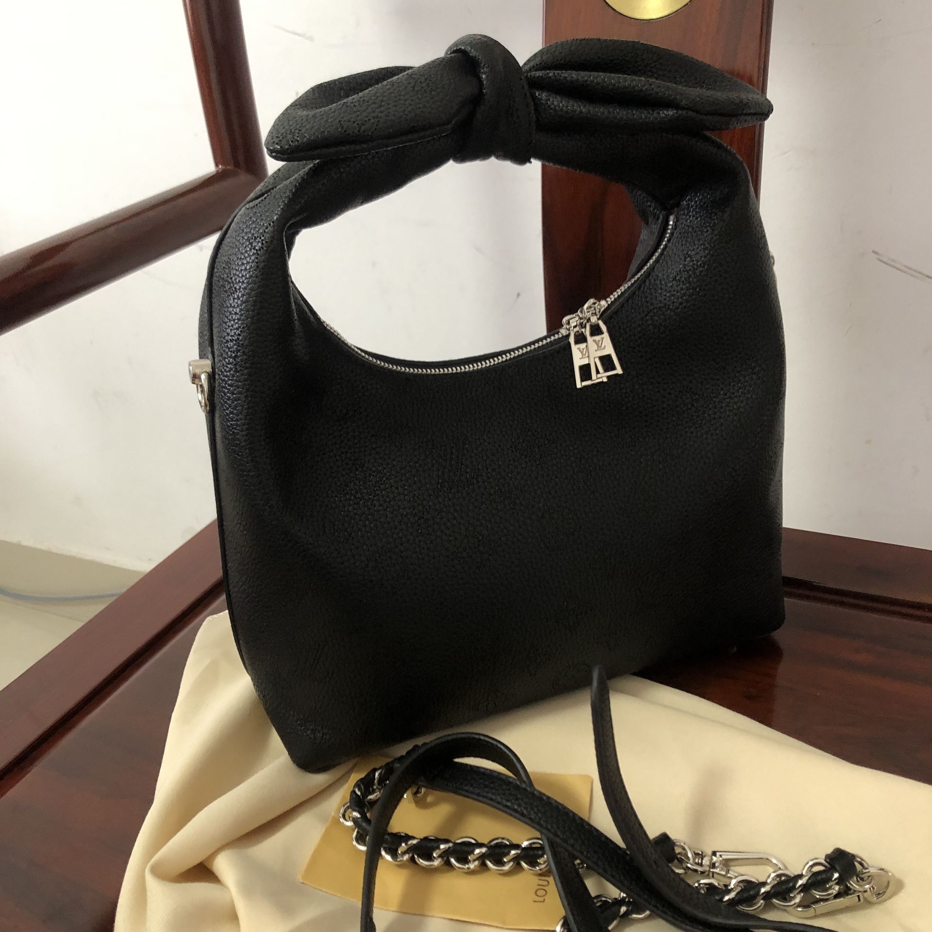 Louis Vuitton black leather chain tote bag