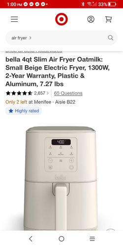 Bella 4qt Slim Air Fryer, Beige Electric Fryer, 1300W
