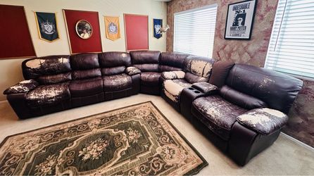 Sectional Free, Faux leather, brown three piece with working manual feet rest