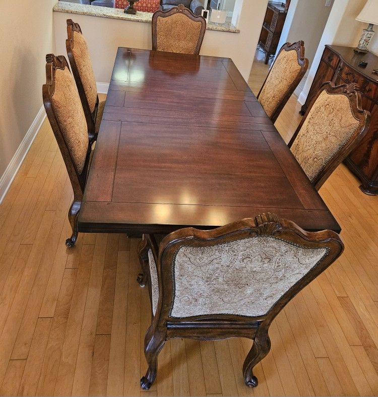 French Stvle Farmhouse Trestle Dining Table and 6 Chairs With Extension Two Leafs