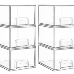 Vtopmart 6 Pack Clear Stackable Storage Drawers, 4.4'' Tall Acrylic Bathroom Makeup Organizer,Plastic Storage Bins For Vanity, Undersink, Kitchen Cabi