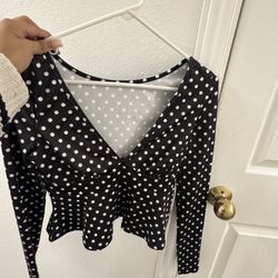 Black & White Polka Dot Long Sleeve Top Size Xs 