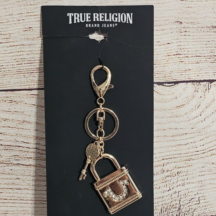 True Religion Gold Lock Ans Key Logo Key Chain/Bag Charm NEW