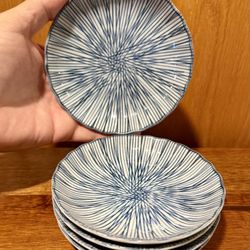 Set 5 Japanese Fukagawa Tokusa Arita Kozara Hosojuso Blue Scalloped Plate Dish