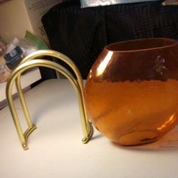 1950's Pre-owned Vintage Gold Metal Napkin Holder And Orange Oval Flower Vase Unique Design Interior Decorating 