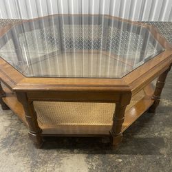 Faux Bamboo Coffee Table Vintage Wood and Glass Fretwork Bohemian Boho Chic Chippendale Chinese Palm Beach Chinoiserie Custom Paint Avail