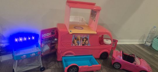 Large Barbie Bundle: Pop-Up Camper, Convertible Car & Sizzling Light-Up BBQ Grill
