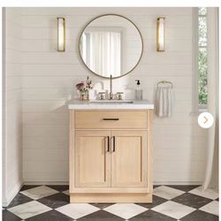 Hepburn 30 in. Single Sink Freestanding Bathroom Vanity in Oak with Carrara White Quartz Top