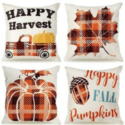 Fall Pillow Covers 18x18 Set of 4 Autumn Fall Decor Throw Pillow Covers Farmhouse Buffalo Plaid Pillow Covers Outdoor for Couch Sofa Bed Living Room D