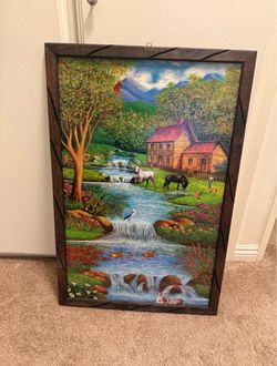 Framed Country Landscape Oil Painting