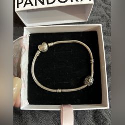Pandora Bracelet w/ Moonstone Heart Charm + Box