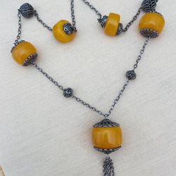 Vtg African Amber Necklace Silvertone Filigree 