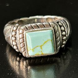Vintage Ring Size 6.5 Silver 925 Turquoise Square Etched Southern Look FAS