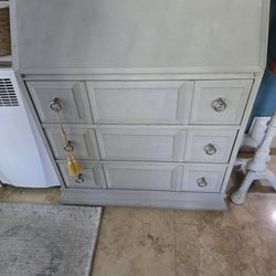 Vintage Secretary Desk – Gray Drop-Front Writing Cabinet