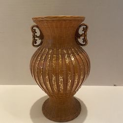 Vintage Chinese wicker / plastic inside vase / flower holder. Gold accents & wood handles. Cottage.