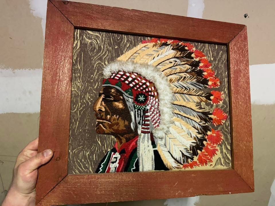 Vintage 3D Embroidered Crewel Native Indian Chief Framed 19 X 22
