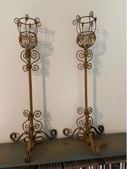 Pair of Vintage Gold Scrollwork Metal Candle Holders