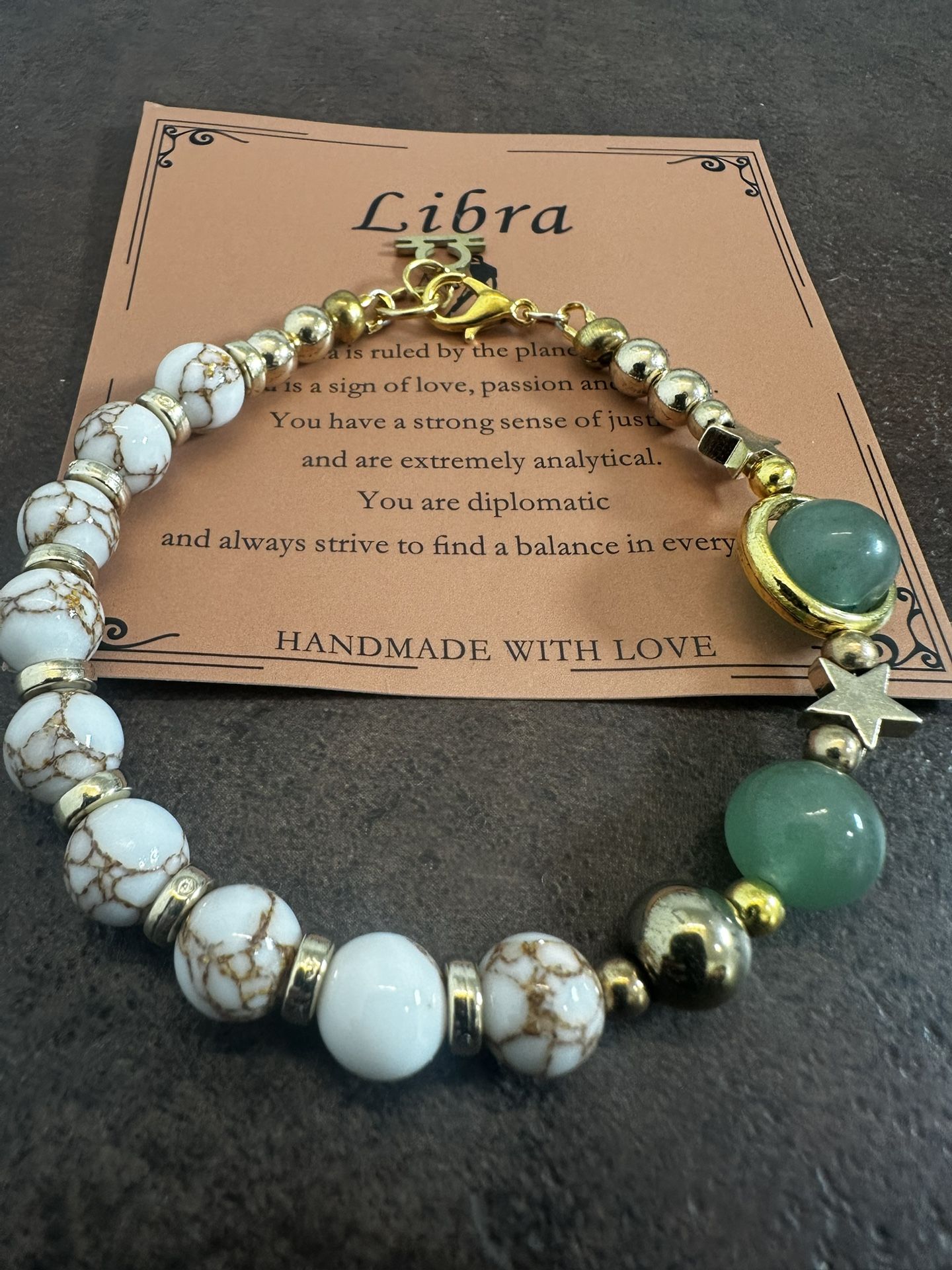 Libra Zodiac Beaded Bracelet with white and green stones