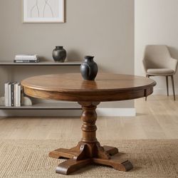 Solid Oak Pedestal Dining Table - Includes 2 Extension Leaves